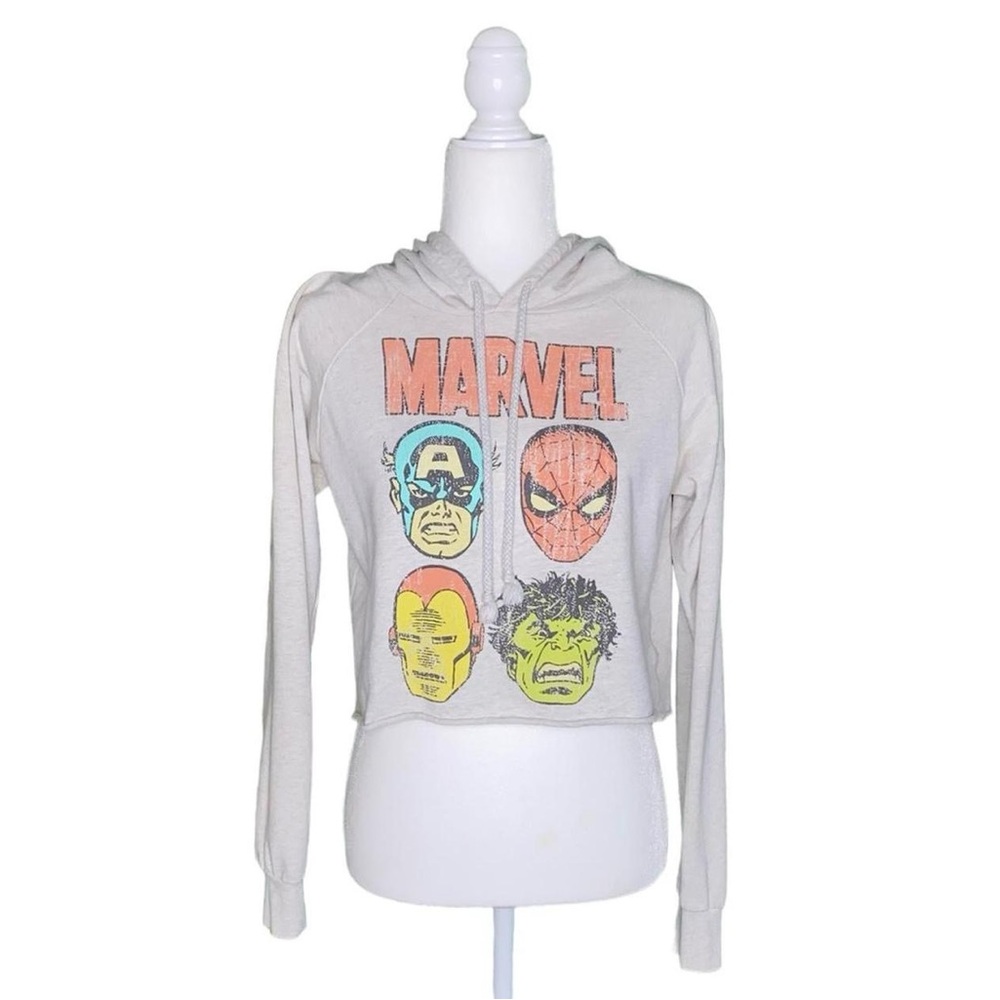 MARVEL GRAPHIC CROPPED LONG-SLEEVE DRAWSTRING HOODIE · SIZE M